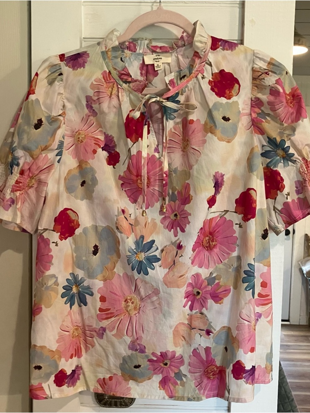 entro Cream Floral Tie-Neck Blouse with Pink & Blue Blooms